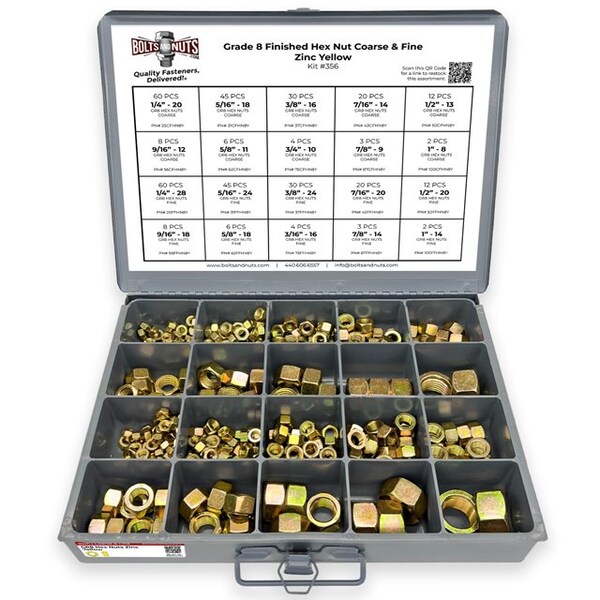 Boltsandnuts.Com Grade 8 Finished Hex Nut Coarse & Fine Zinc Yellow Assortment - 381 pcs Assortment Kit #356 - main